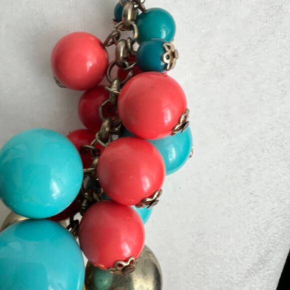 Multicolor coral and turquoise town bauble cluster bib statement necklace - Picture 2 of 6